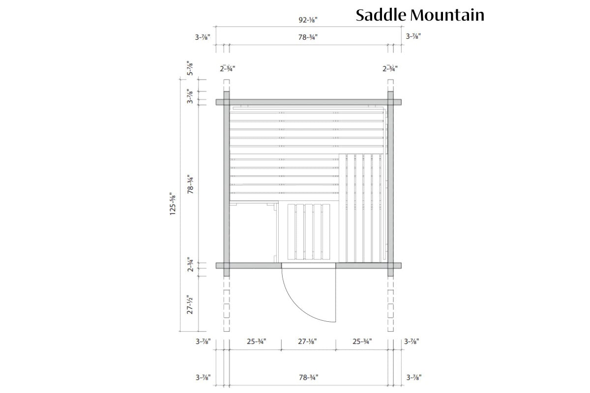 Technical blueprint of Saddle Mountain sauna showing front elevation with dimensions, horizontal slat design, and dual ventil