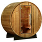Cylindrical wooden barrel sauna with glass door, cedar construction, and metal bands, on black support stand against white ba