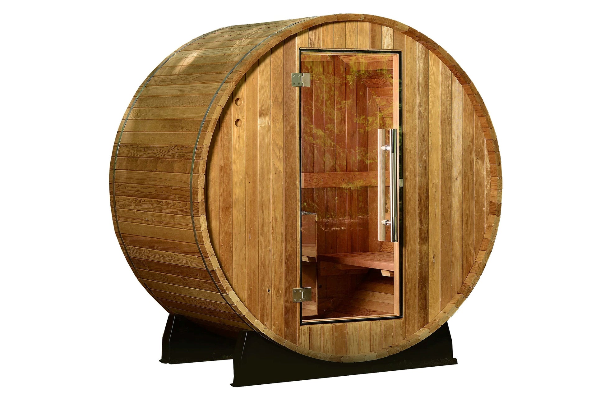 Cylindrical wooden barrel sauna with glass door, cedar construction, and metal bands, on black support stand against white ba