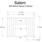 Salem 6x4 barrel sauna technical diagram showing dimensions, heater location, door, and interior bench specifications