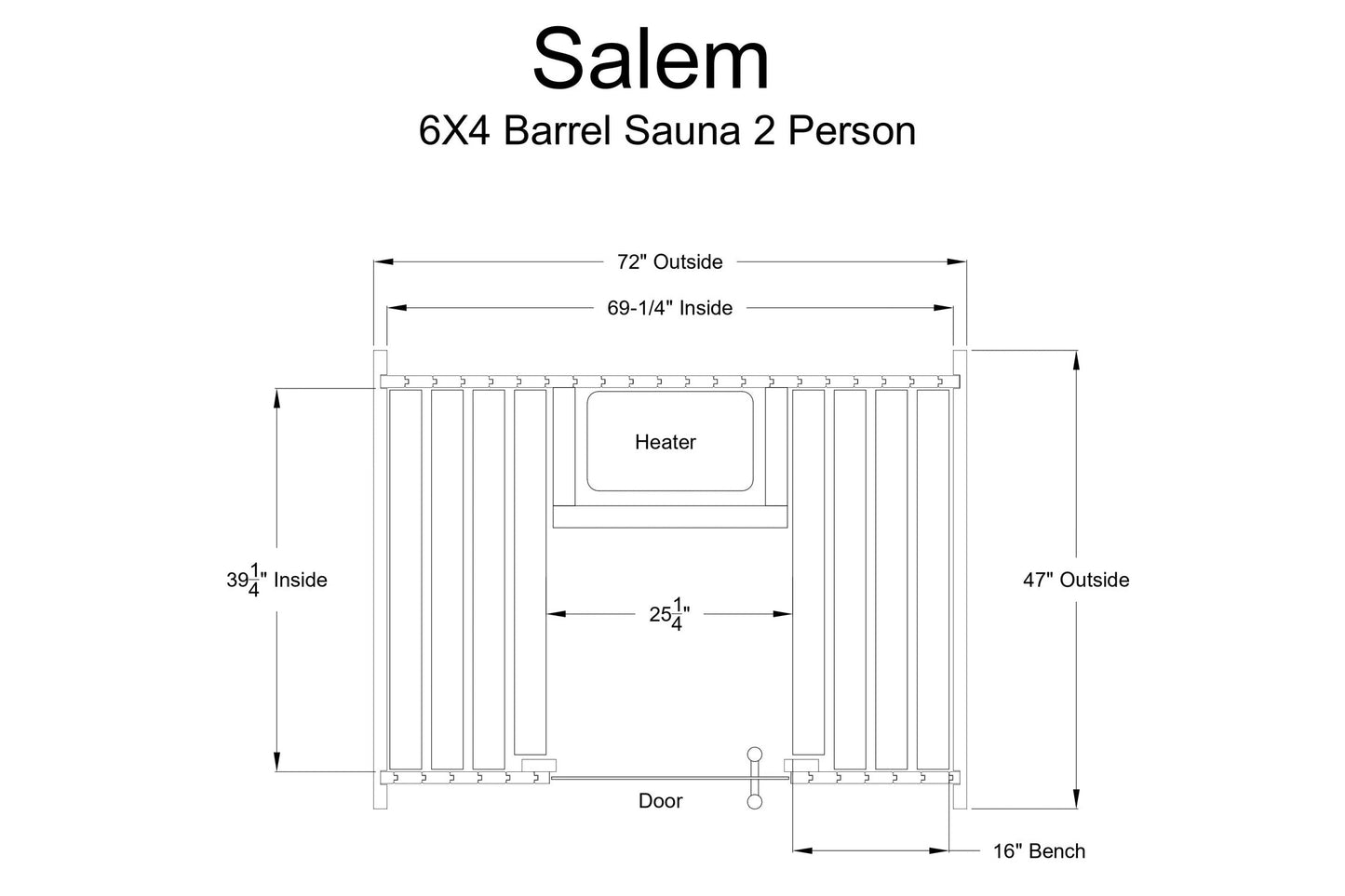 Salem 6x4 barrel sauna technical diagram showing dimensions, heater location, door, and interior bench specifications
