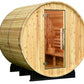 Cylindrical wooden barrel sauna with natural pine exterior, open glass door showing cedar bench interior, metal hinges and ha
