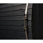 Black wooden sauna barrel with horizontal planks, metal hinged door latch, and rope detail on the side