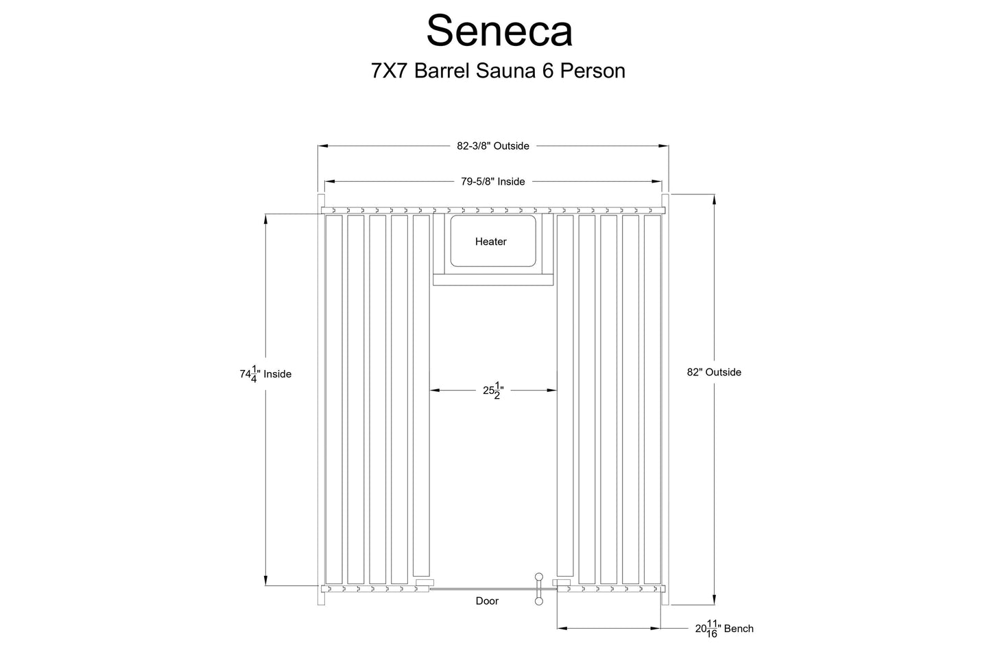 7x7 barrel sauna interior layout diagram with dimensions, showing vertical wood slats, heater location, door, and bench seati