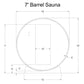 Technical schematic diagram of 7-foot barrel sauna with dimensions, front view showing circular cross-section and rectangular