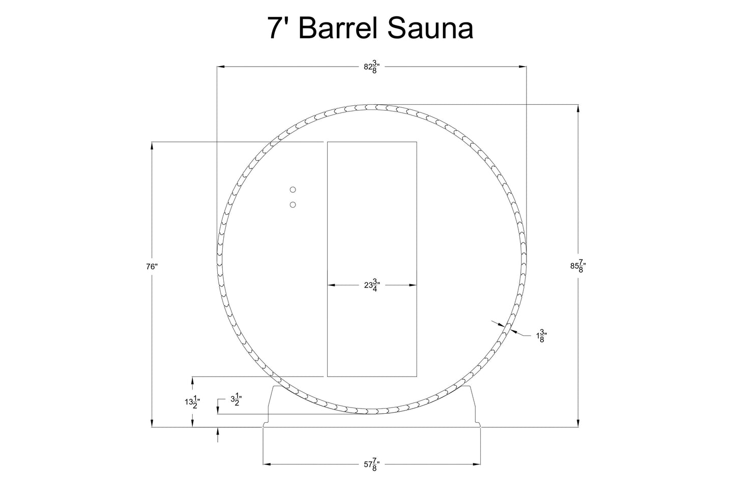 Technical schematic diagram of 7-foot barrel sauna with dimensions, front view showing circular cross-section and rectangular