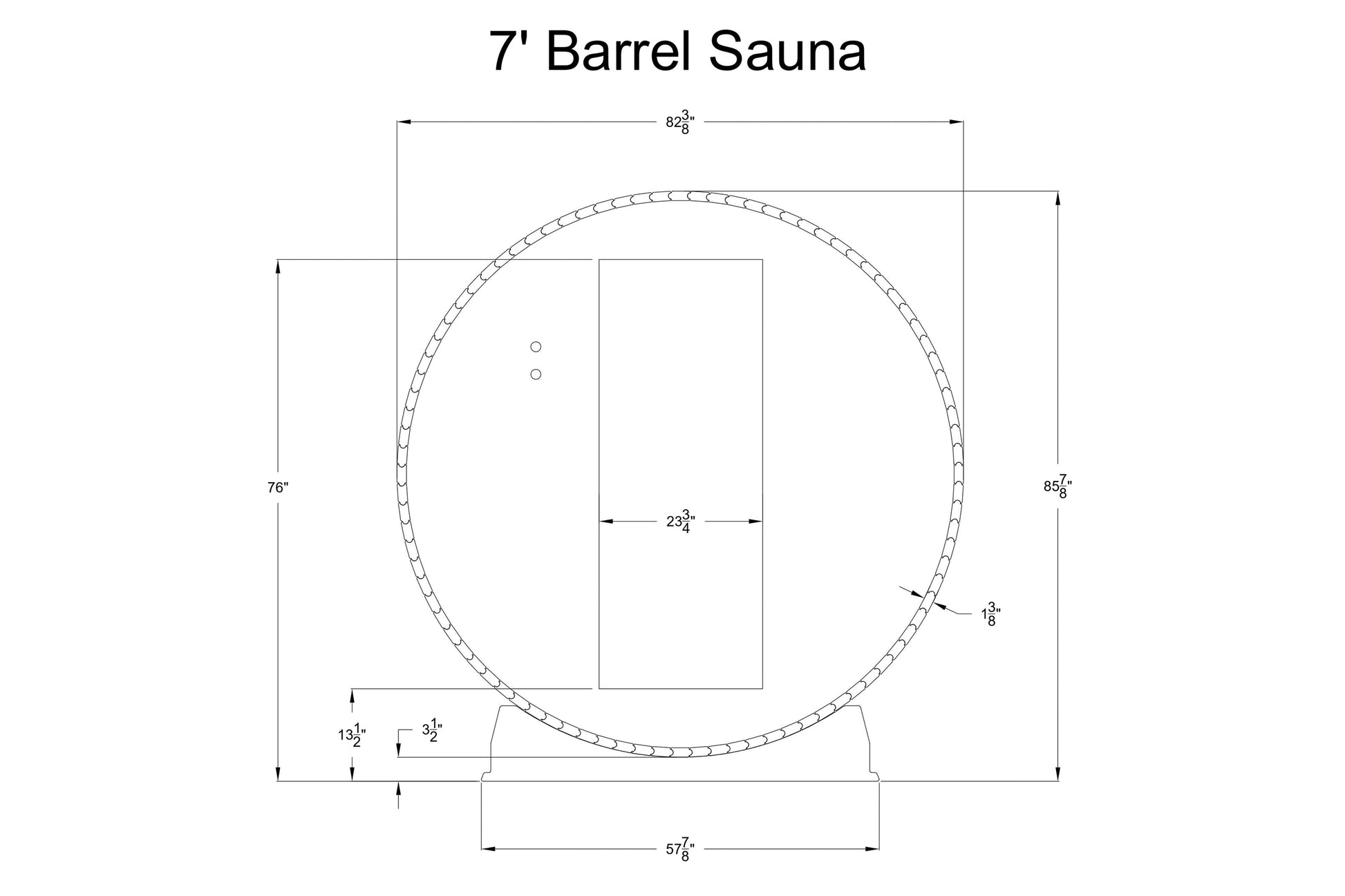 Technical schematic diagram of 7-foot barrel sauna with dimensions, front view showing circular cross-section and rectangular