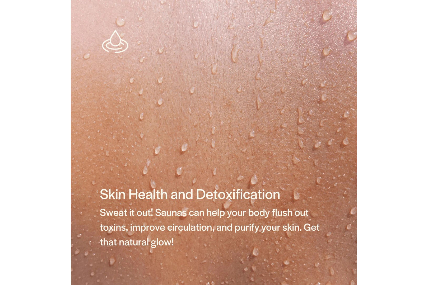 Closeup of glistening skin covered with water droplets, showing hydration and natural radiance with water drop icon