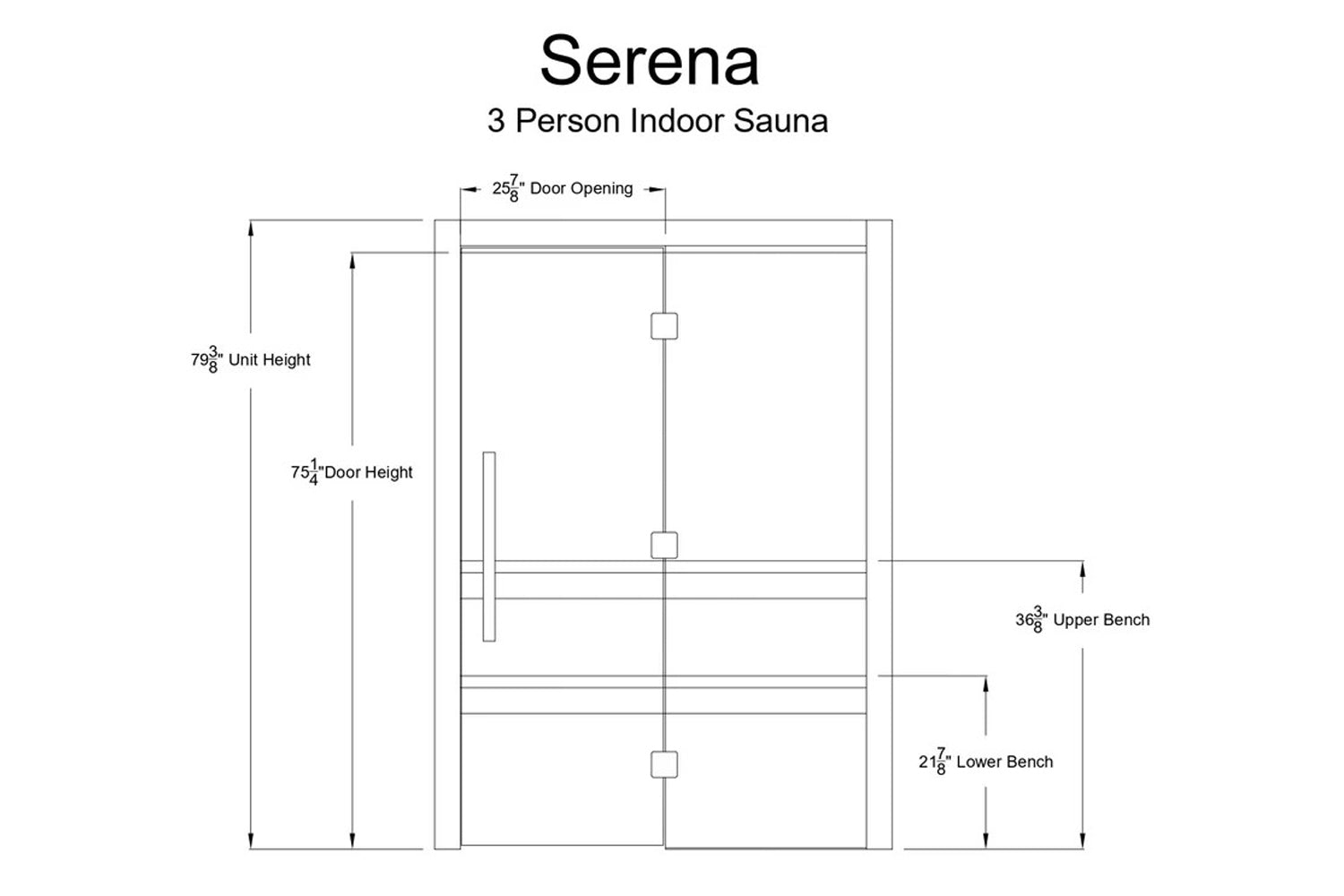 Serena 3-person indoor sauna floor plan showing dimensions, door opening, bench heights, and interior layout