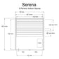 Serena 3-person indoor sauna floor plan with detailed dimensions, showing upper and lower benches, heater location, and glass