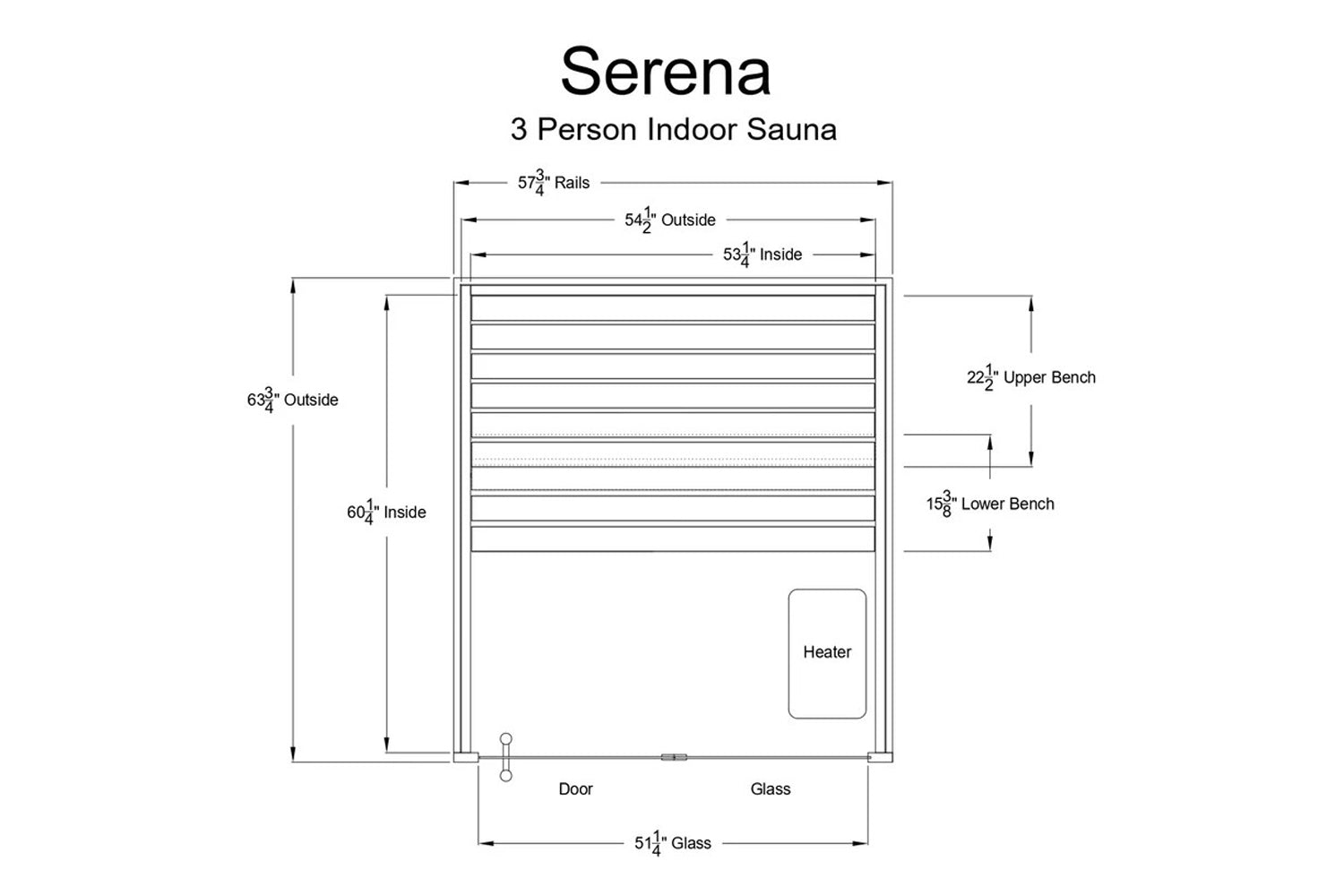 Serena 3-person indoor sauna floor plan with detailed dimensions, showing upper and lower benches, heater location, and glass
