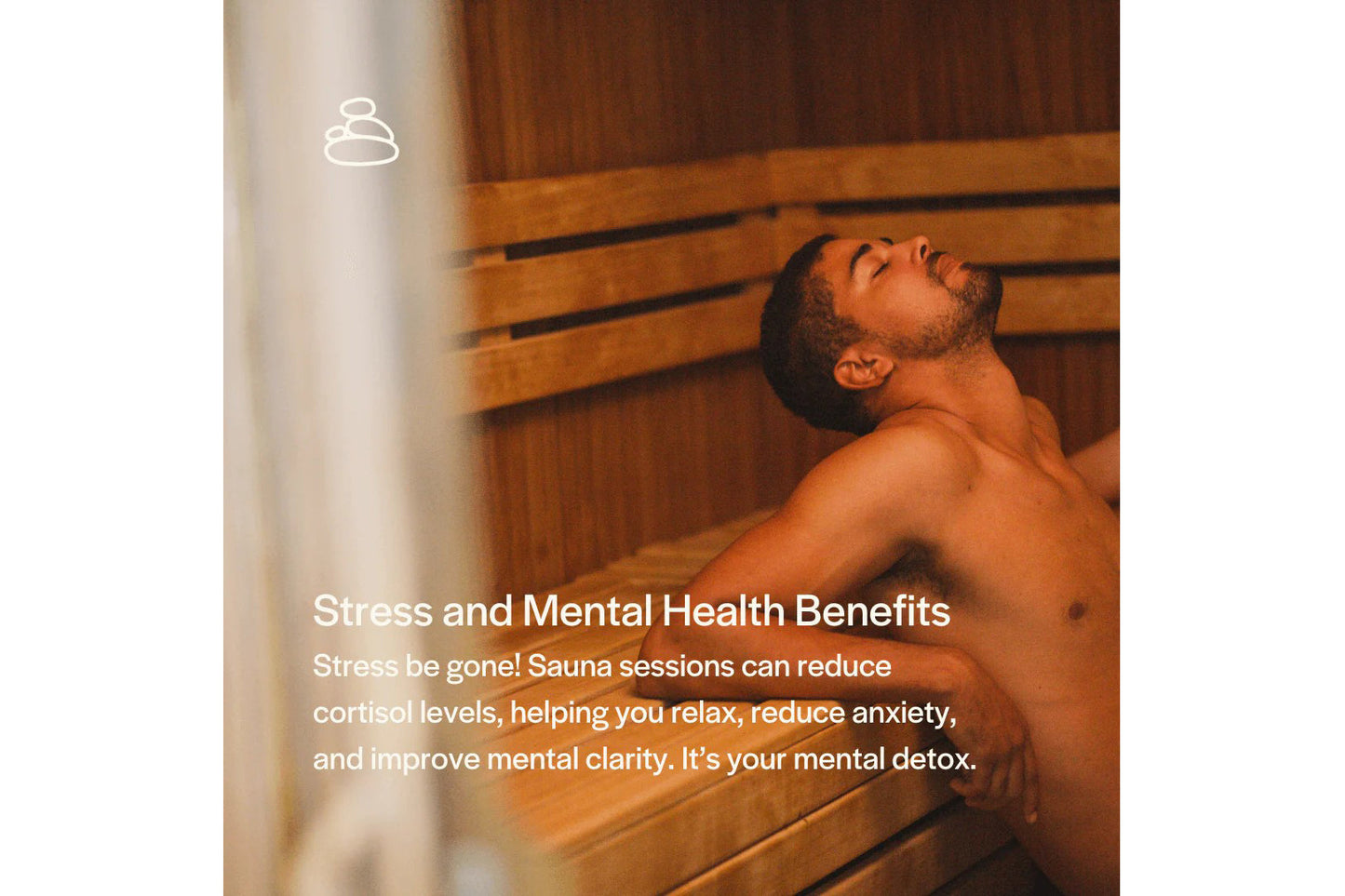Shirtless man relaxing in wooden sauna with head tilted back, demonstrating stress relief benefits