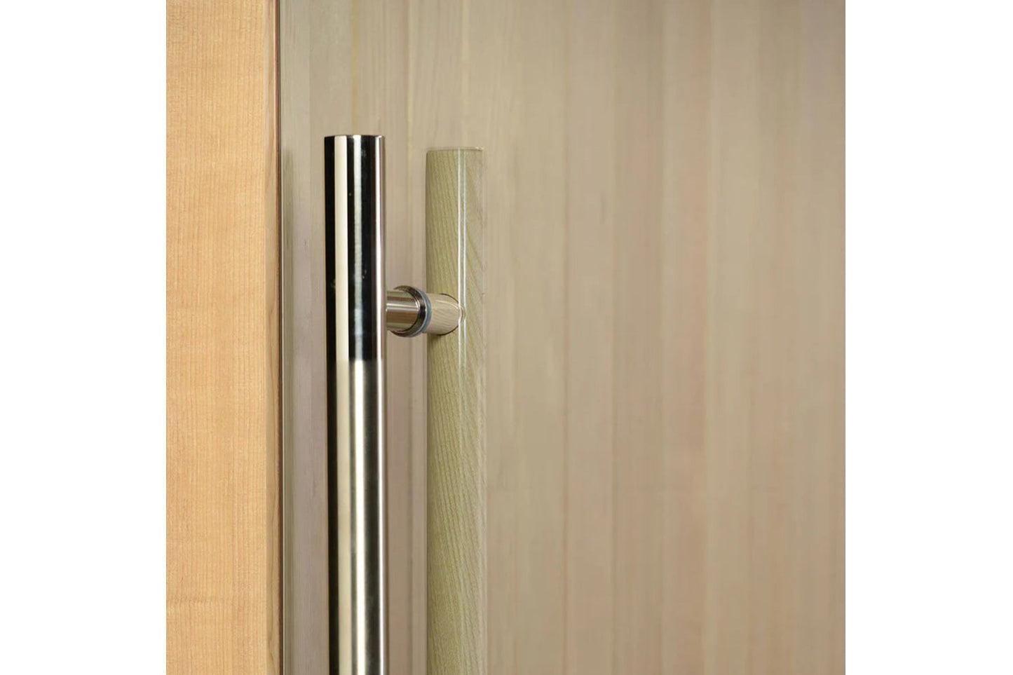 Stainless steel cylindrical door handle on light wood sauna door frame with frosted glass panel