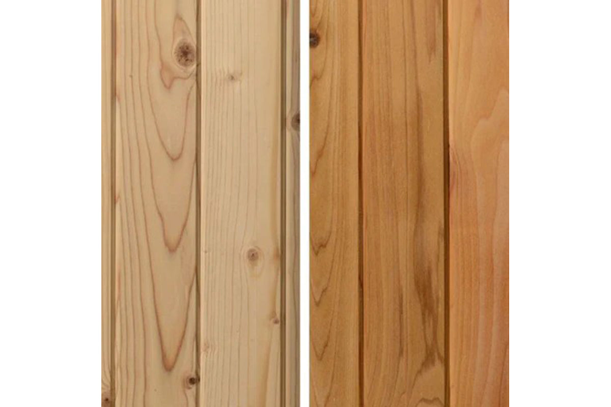 Light and medium wood paneling showing vertical grain patterns and knots, flat lay comparison of natural wood finishes