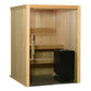 Almost Heaven Serena 3-person indoor sauna with light wood construction, glass door, wooden benches, and black heater unit on