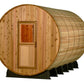 Cylindrical wooden barrel sauna with light natural wood construction, single glass-pane door, and black metal support base on