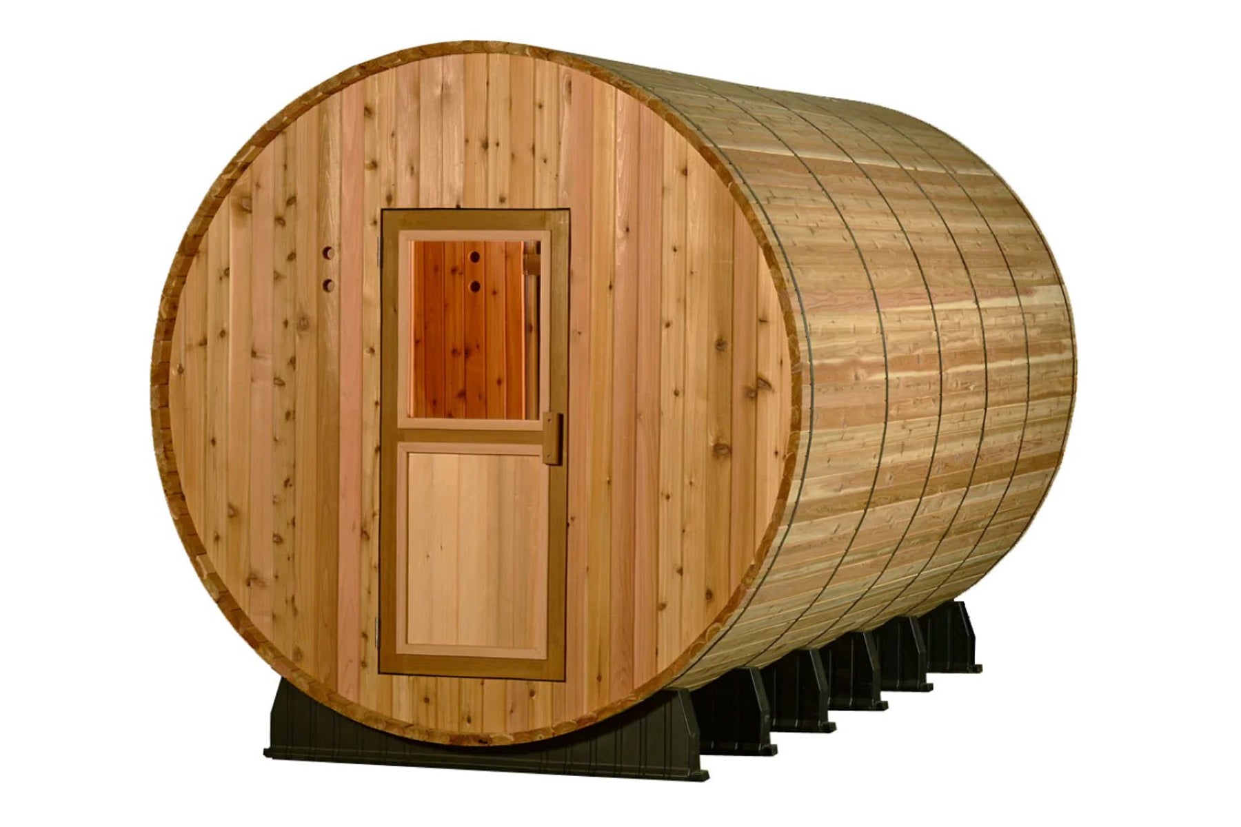 Cylindrical wooden barrel sauna with light natural wood construction, single glass-pane door, and black metal support base on