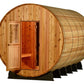Barrel-shaped wooden sauna with cedar construction, open door showing red-stained interior, small window, and black metal sup