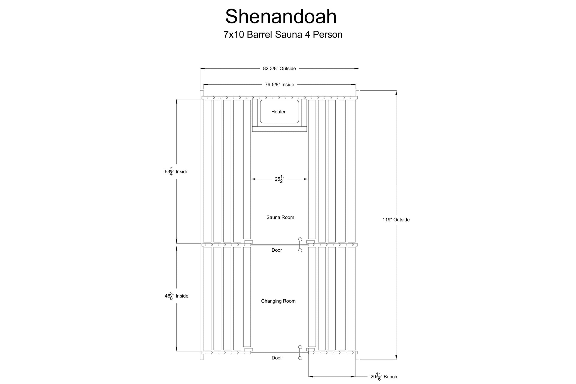 Technical schematic of 7x10 barrel sauna showing interior sauna room with heater, changing room below, and dimensions labeled