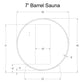 7-foot barrel sauna with cylindrical wood construction, front-facing rectangular door, and dimension specifications labeled