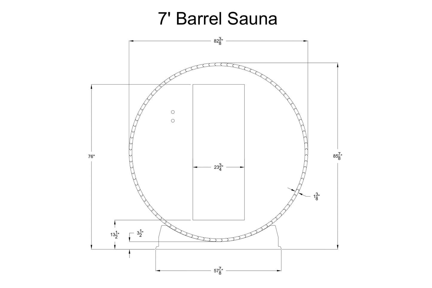 7-foot barrel sauna with cylindrical wood construction, front-facing rectangular door, and dimension specifications labeled
