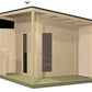 Modern wooden sauna cabin with black roof, glass door, louvered side panels, and green deck foundation on white background