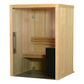 Natural wood indoor sauna with glass door, wooden benches, and black heater stove on white background