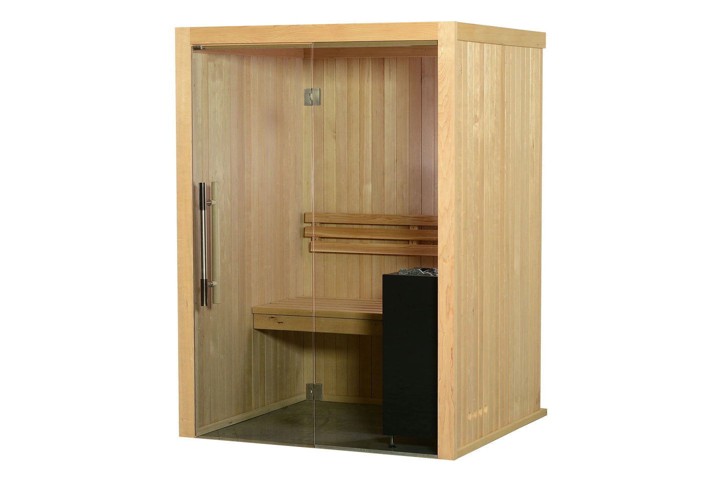 Natural wood indoor sauna with glass door, wooden benches, and black heater stove on white background