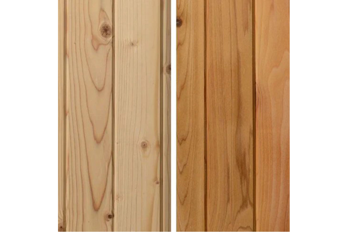Wood sauna interior comparison showing light pine boards on left and medium honey-toned wood panels on right
