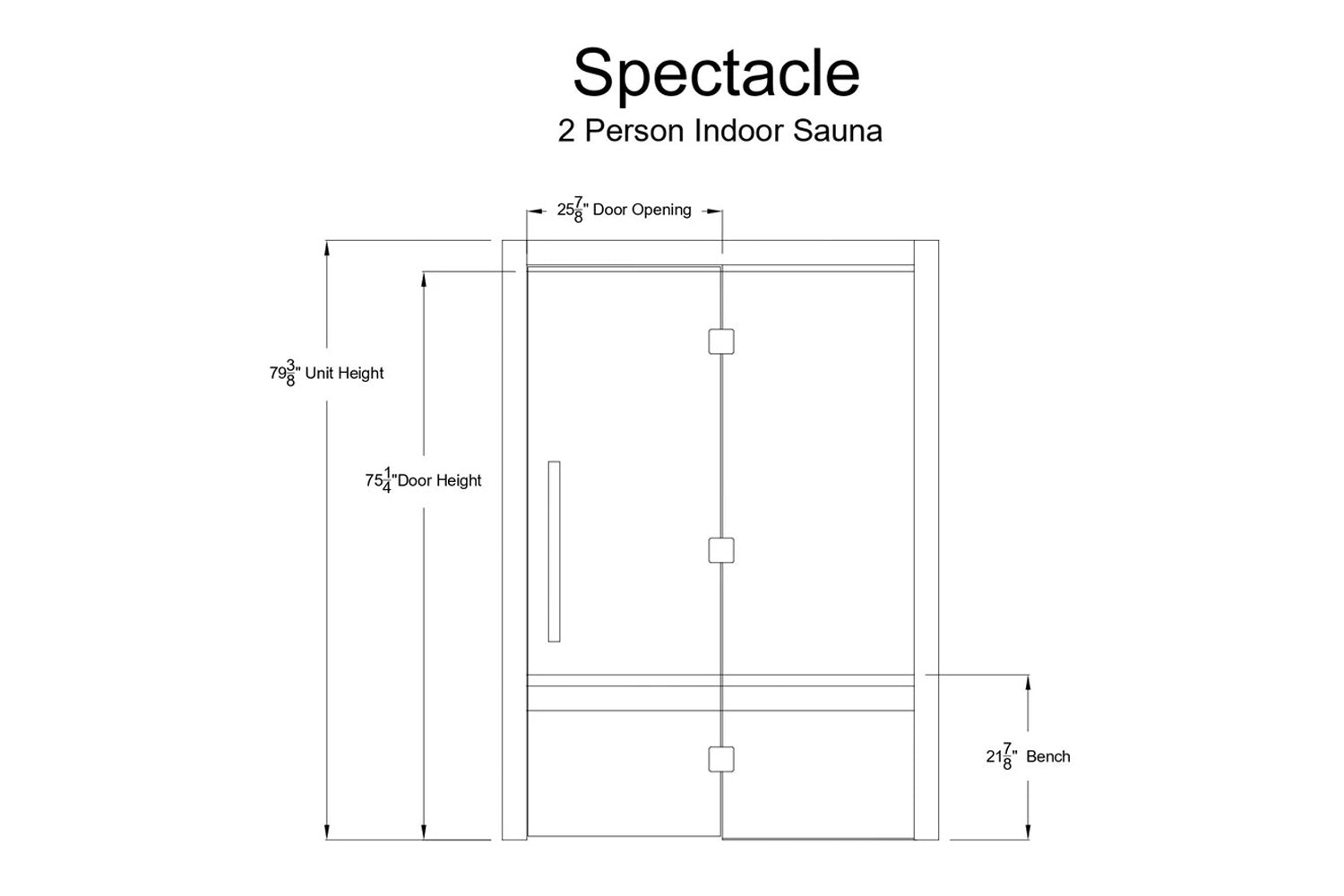 Spectacle 2-person indoor sauna technical diagram showing door opening, unit height, door height, and bench dimensions on whi
