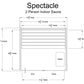 Spectacle 2-person indoor sauna floor plan with dimensions, showing wooden bench, heater, glass door, and horizontal slat wal