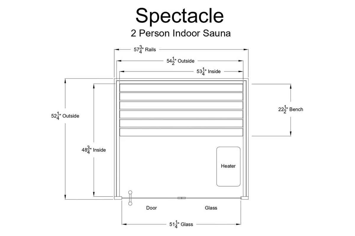 Spectacle 2-person indoor sauna floor plan with dimensions, showing wooden bench, heater, glass door, and horizontal slat wal