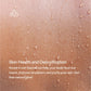 Glowing skin with water droplets and white water drop icon demonstrating skin detoxification benefits
