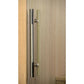 Black and stainless steel vertical door handle with wood wrap on light wood sauna door