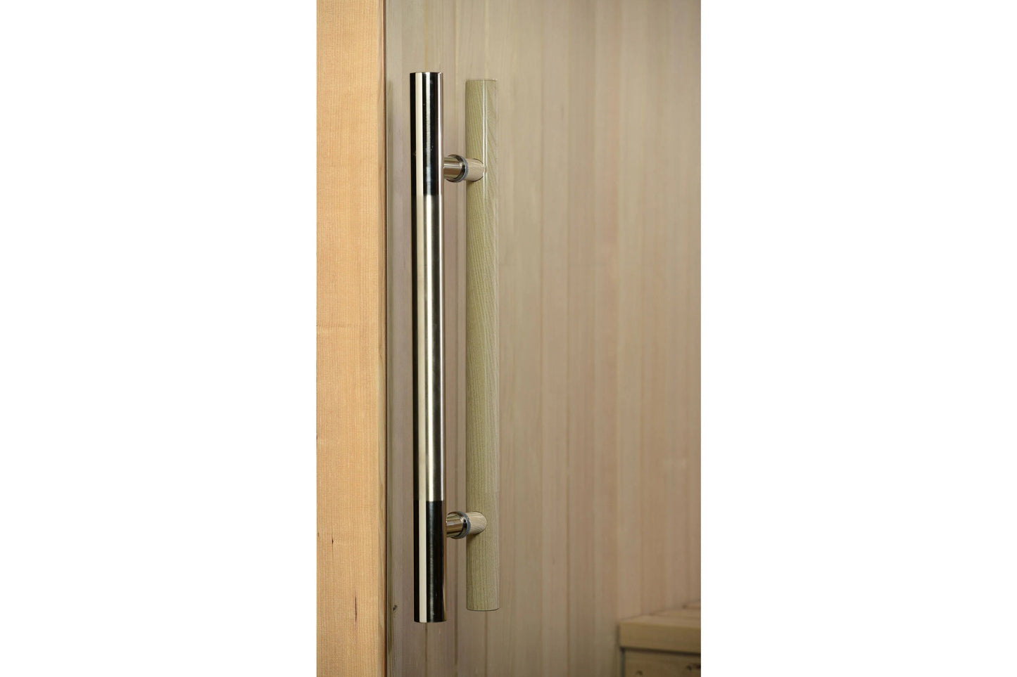 Black and stainless steel vertical door handle with wood wrap on light wood sauna door
