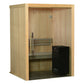 Natural wood sauna cabin with glass door, wooden bench seating, and black electric heater unit visible inside on white backgr