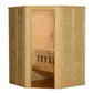 Natural wood corner sauna with glass door, wooden bench seating, and interior heater visible on white background