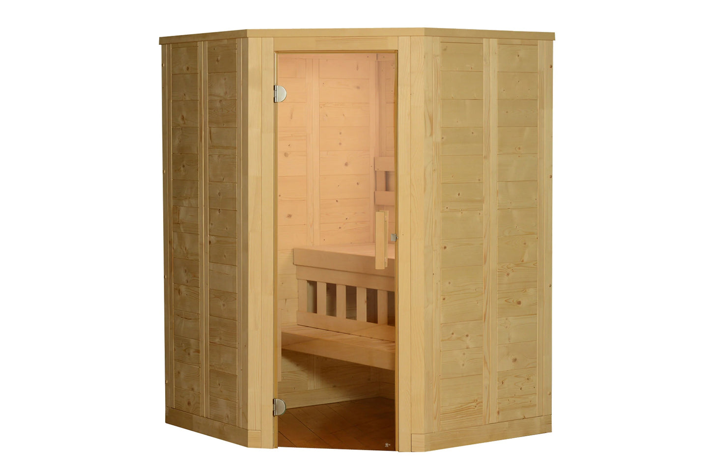 Natural wood corner sauna with glass door, wooden bench seating, and interior heater visible on white background