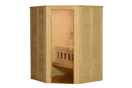 Natural wood corner sauna with glass door, wooden bench seating, and interior heater visible on white background