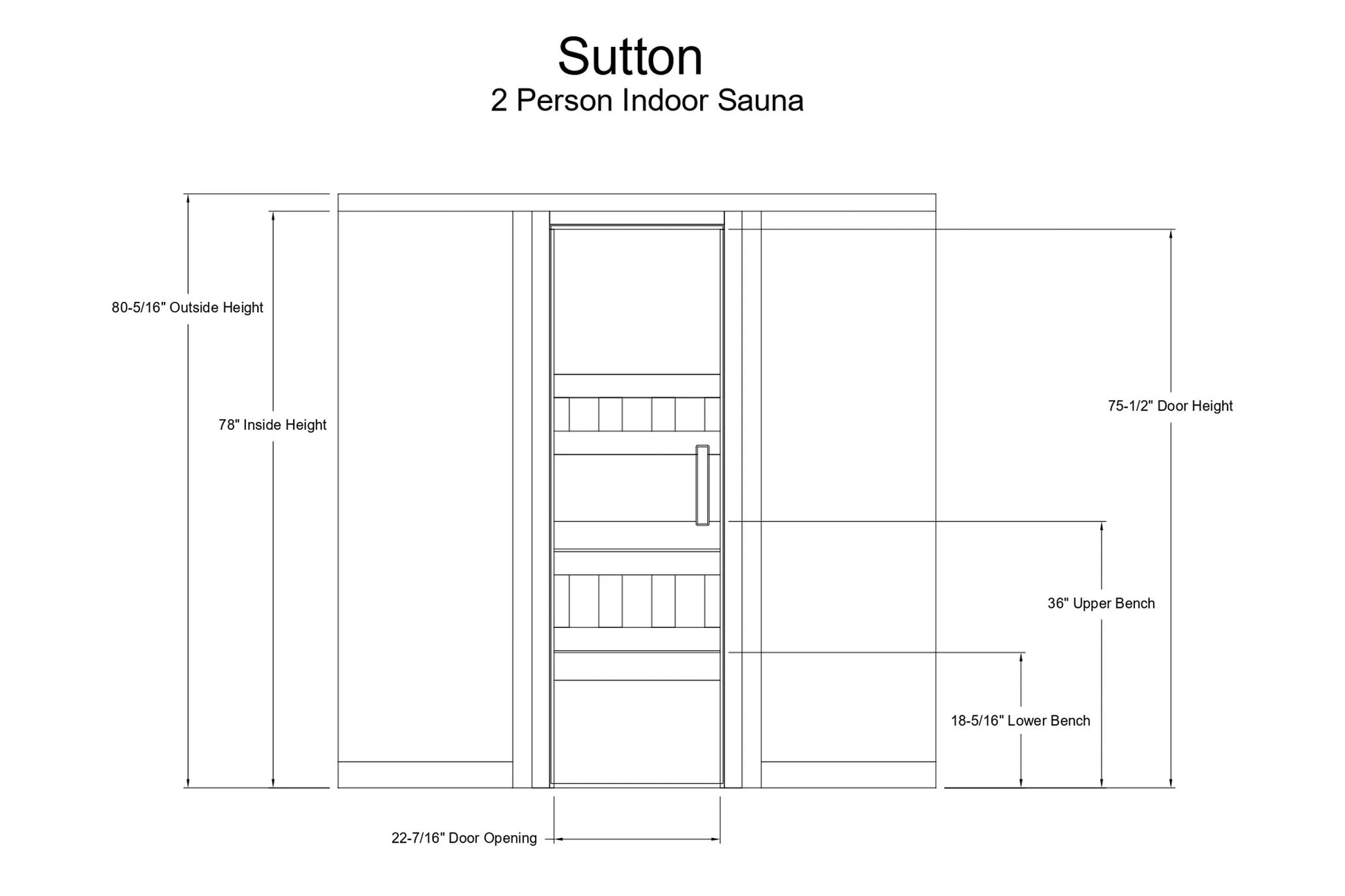 Sutton 2-person indoor sauna technical schematic showing interior layout with two benches, door opening, and dimensions on wh