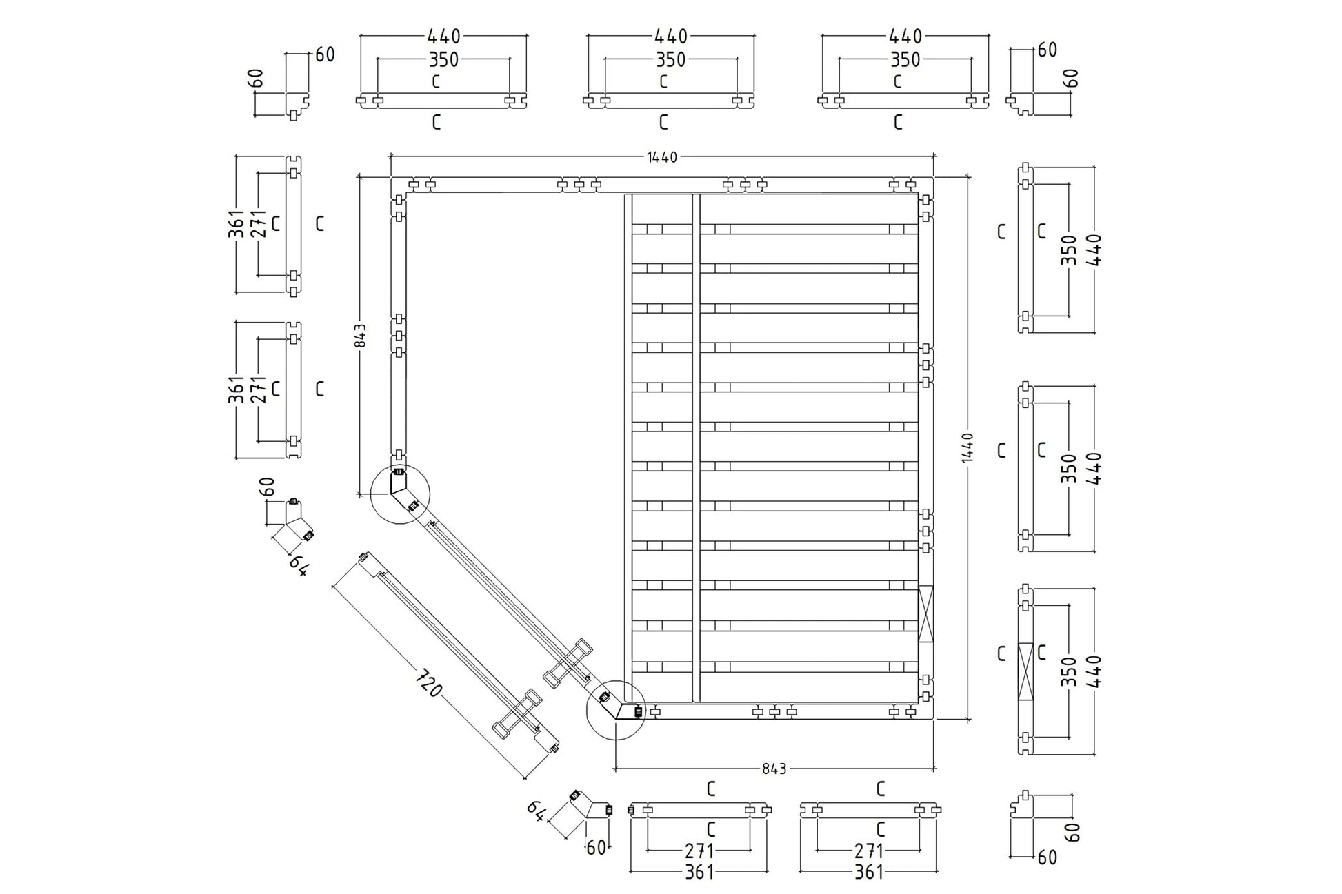 Technical schematic and assembly diagram for 2-person indoor corner sauna with dimensions and hardware specifications