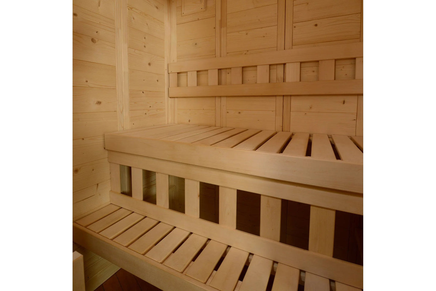 Natural wood 2-person corner sauna interior with slatted benches and ventilation openings