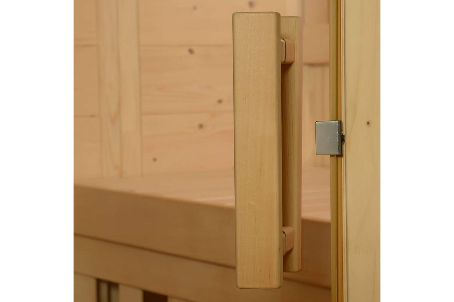 Natural wood sauna door with rectangular wooden handle and silver metal latch on pine frame