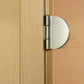 Stainless steel and glass door hinge mounted on light wood sauna wall panel