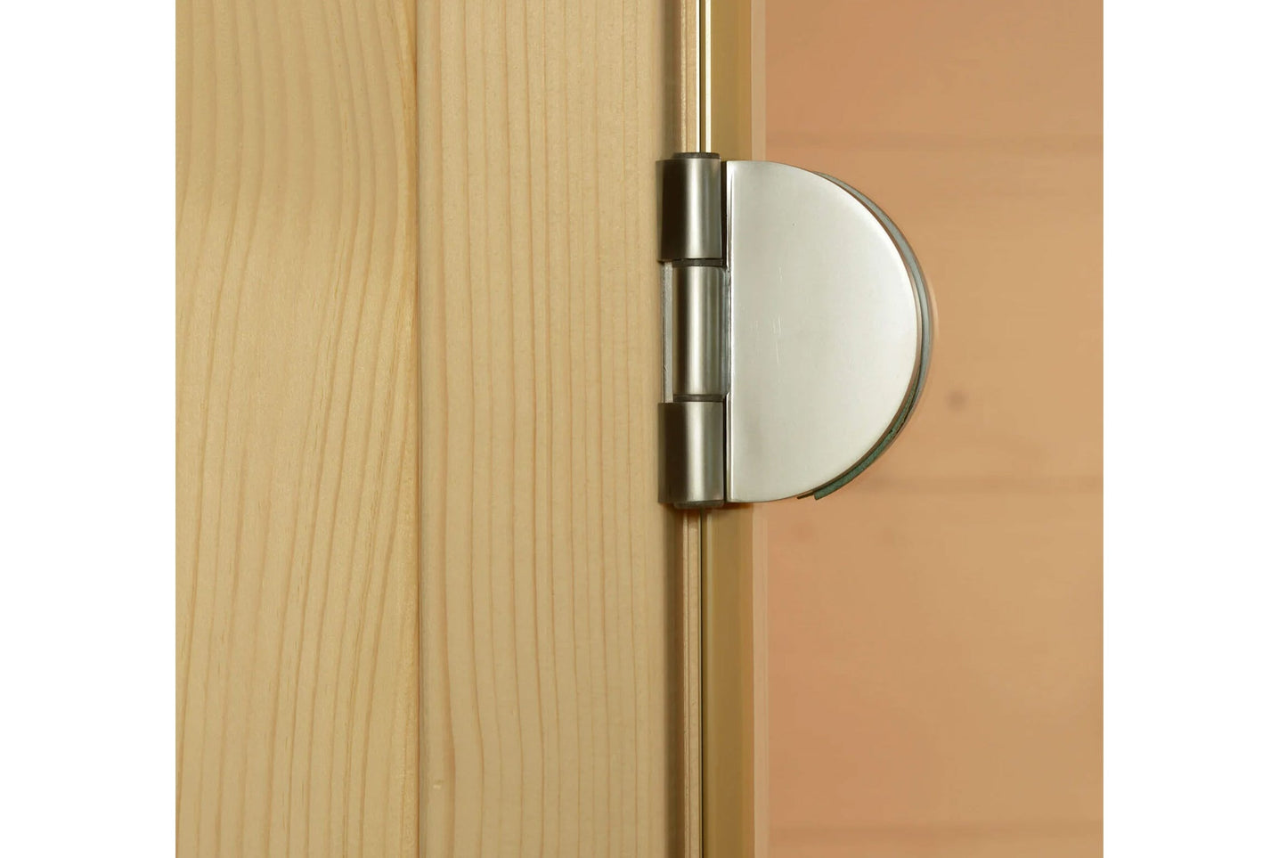 Stainless steel and glass door hinge mounted on light wood sauna wall panel