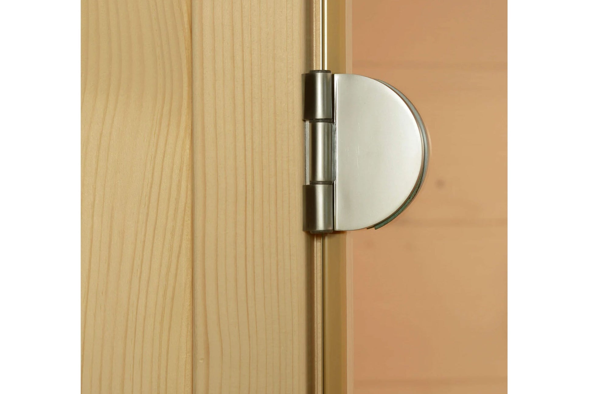 Stainless steel and glass door hinge mounted on light wood sauna wall panel