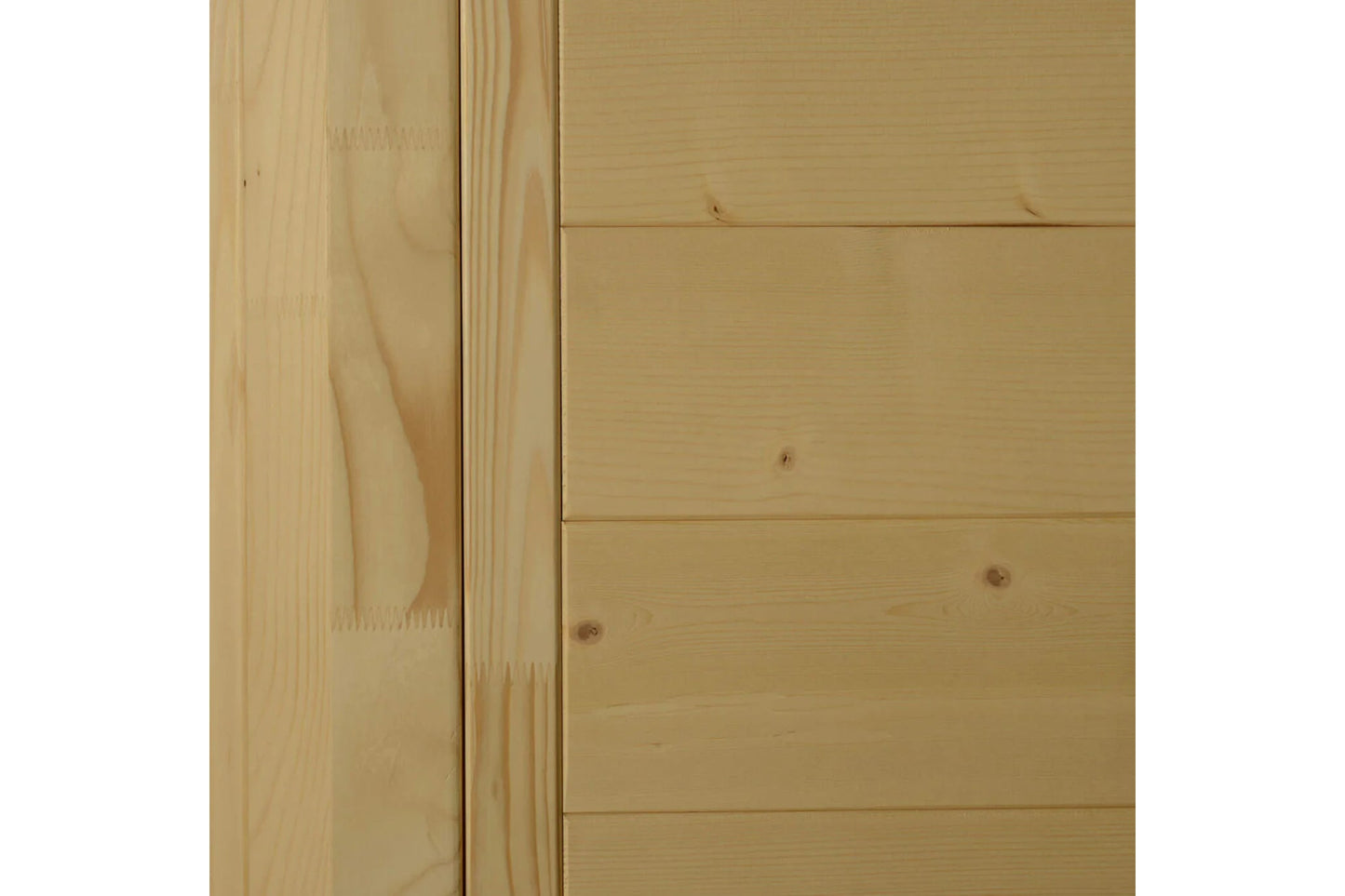 Natural pine wood sauna interior with horizontal shiplap paneling and visible knots on white background