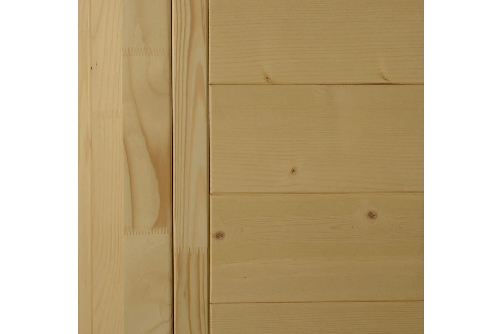 Natural pine wood sauna interior with horizontal shiplap paneling and visible knots on white background