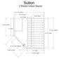 Sutton 2-person indoor sauna technical schematic showing dimensions, interior bench layout, and door opening specifications