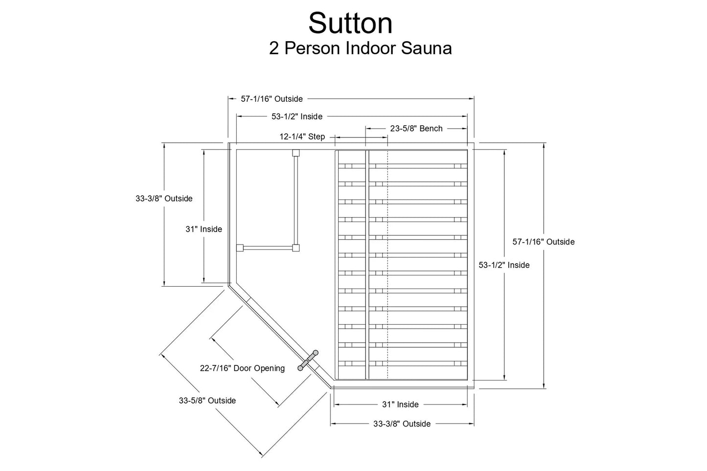 Sutton 2-person indoor sauna technical schematic showing dimensions, interior bench layout, and door opening specifications
